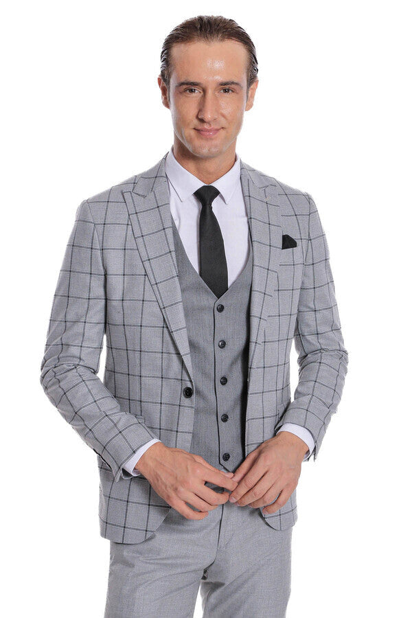 WSS Checked Patterned Slim Fit Grey Men Suit  - Agía Paraskeví