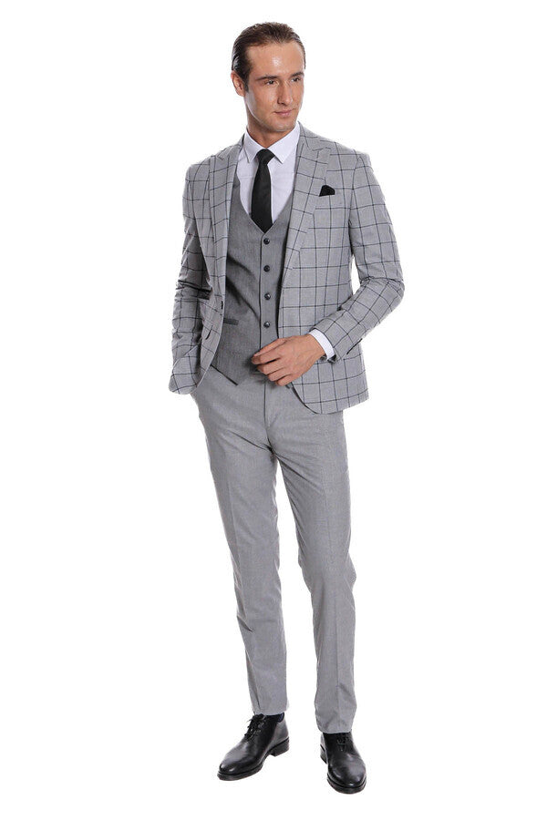 WSS Checked Patterned Slim Fit Grey Men Suit  - Agía Paraskeví