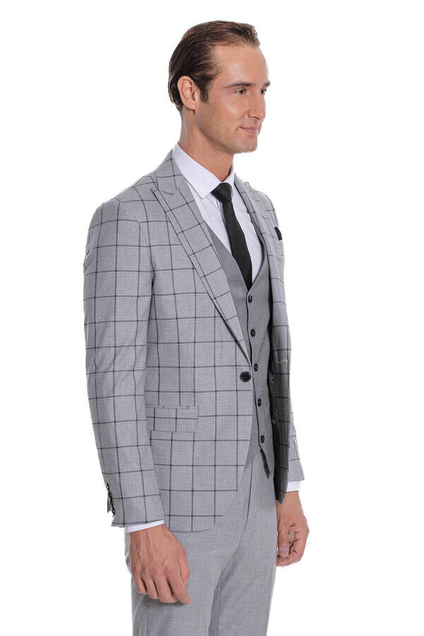 WSS Checked Patterned Slim Fit Grey Men Suit  - Agía Paraskeví