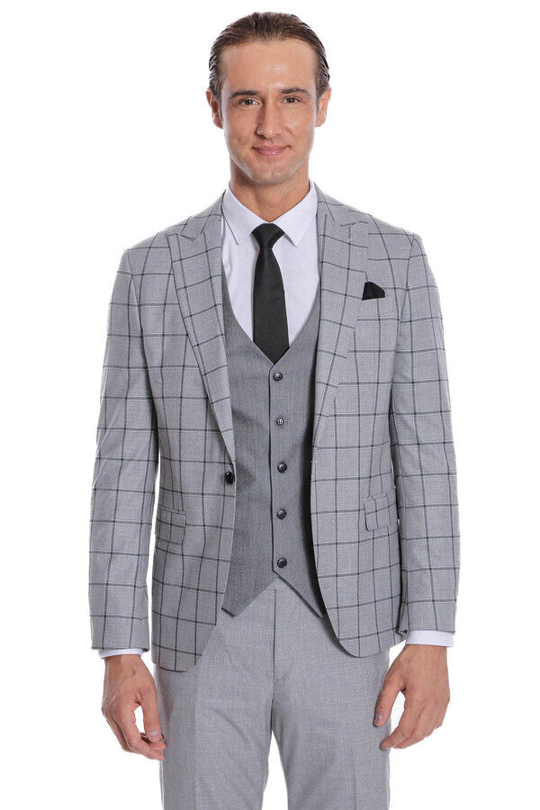 WSS Checked Patterned Slim Fit Grey Men Suit  - Agía Paraskeví