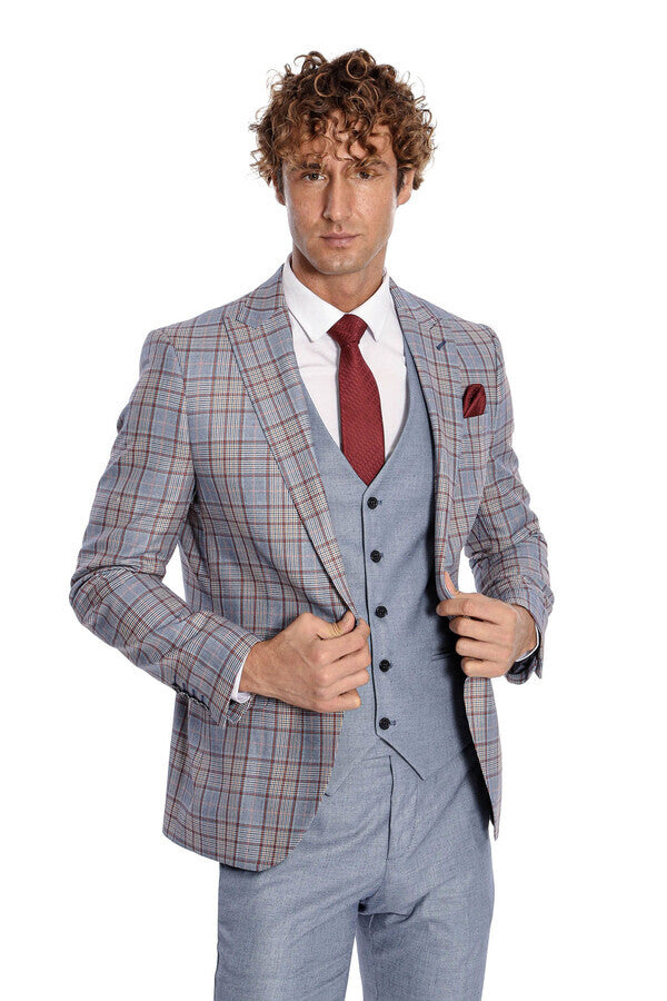 WSS Checked Slim Fit Blue Men Suit  - Ashford