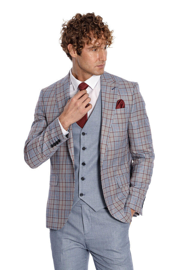 WSS Checked Slim Fit Blue Men Suit  - Ashford