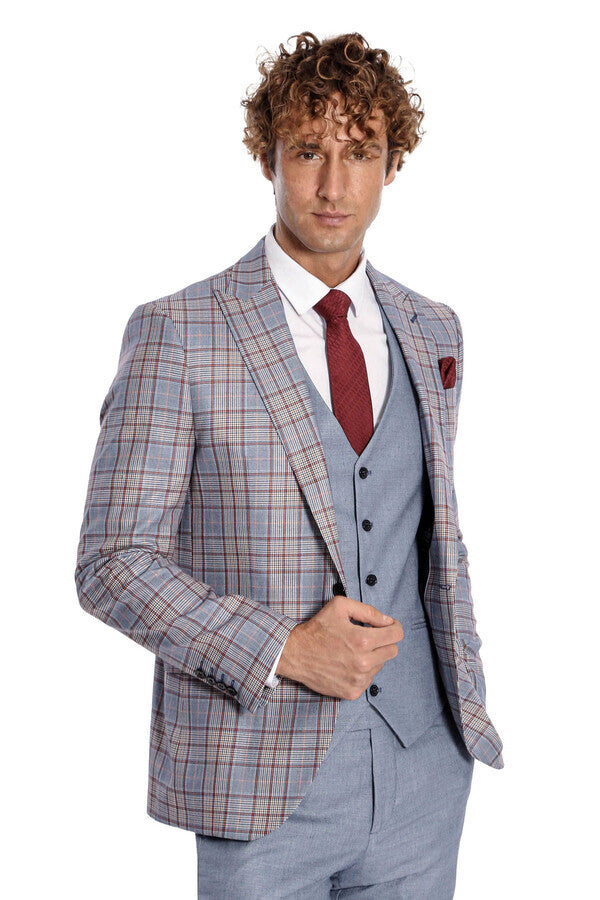 WSS Checked Slim Fit Blue Men Suit  - Ashford