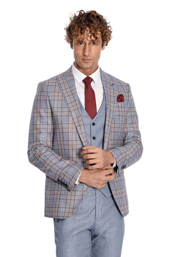 WSS Checked Slim Fit Blue Men Suit  - Ashford