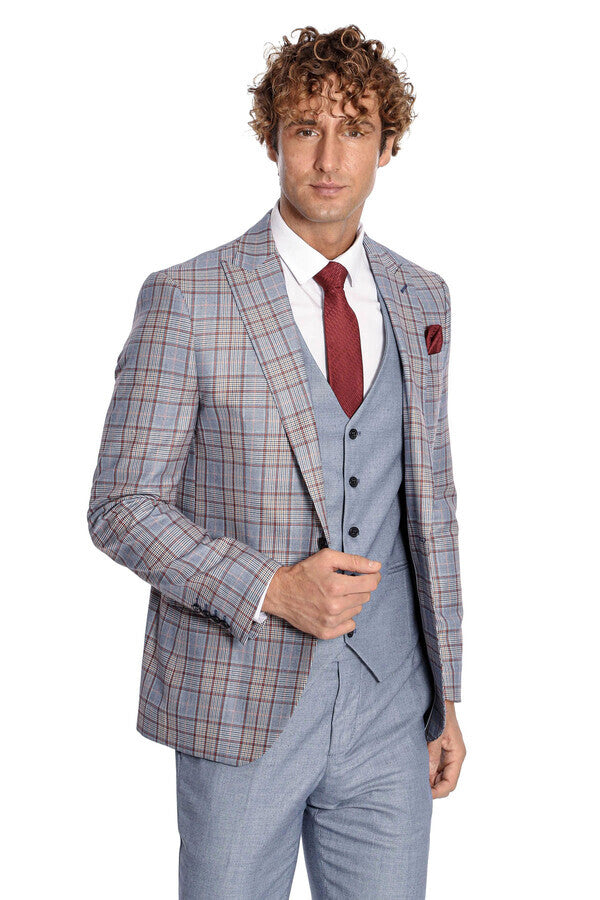 WSS Checked Slim Fit Blue Men Suit  - Ashford