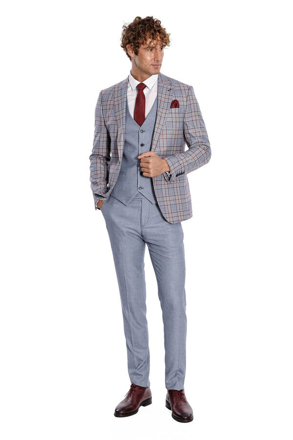 WSS Checked Slim Fit Blue Men Suit  - Ashford