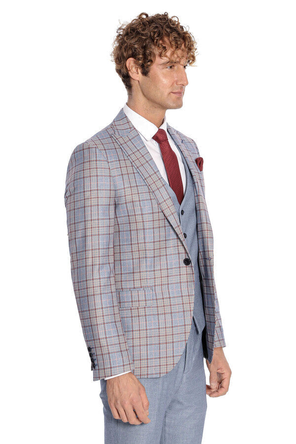 WSS Checked Slim Fit Blue Men Suit  - Ashford