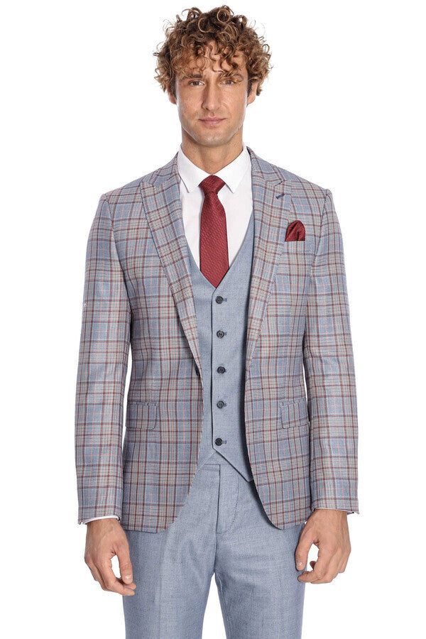 WSS Checked Slim Fit Blue Men Suit  - Ashford