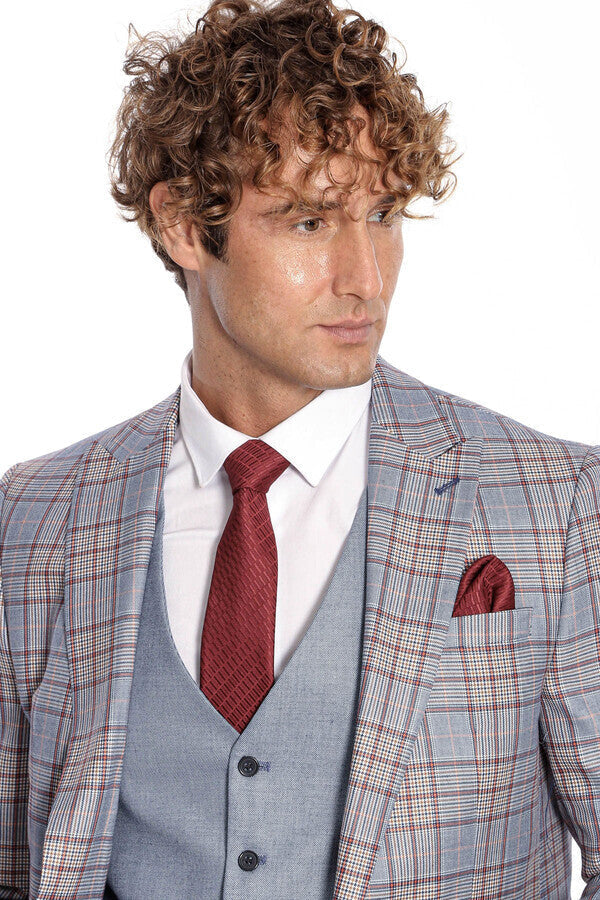 WSS Checked Slim Fit Blue Men Suit  - Ashford