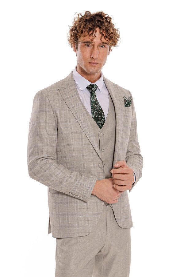 WSS Checked Slim Fit Cream Men Suit  - North Lauderdale