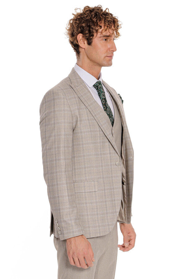 WSS Checked Slim Fit Cream Men Suit  - North Lauderdale