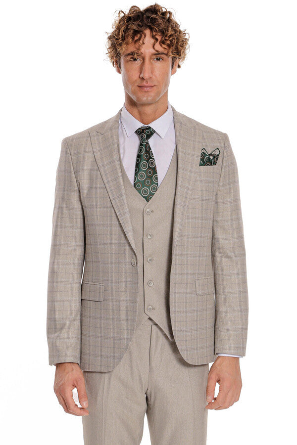 WSS Checked Slim Fit Cream Men Suit  - North Lauderdale