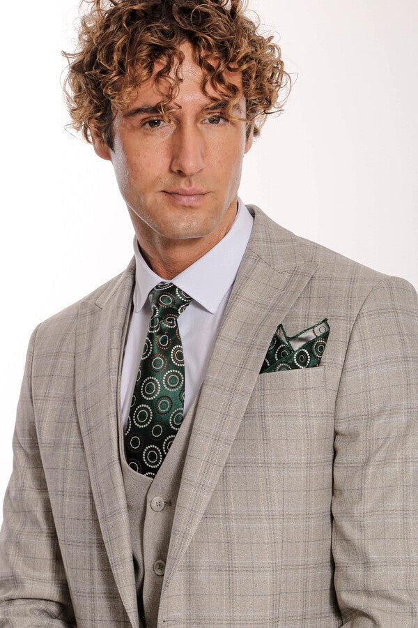 WSS Checked Slim Fit Cream Men Suit  - North Lauderdale