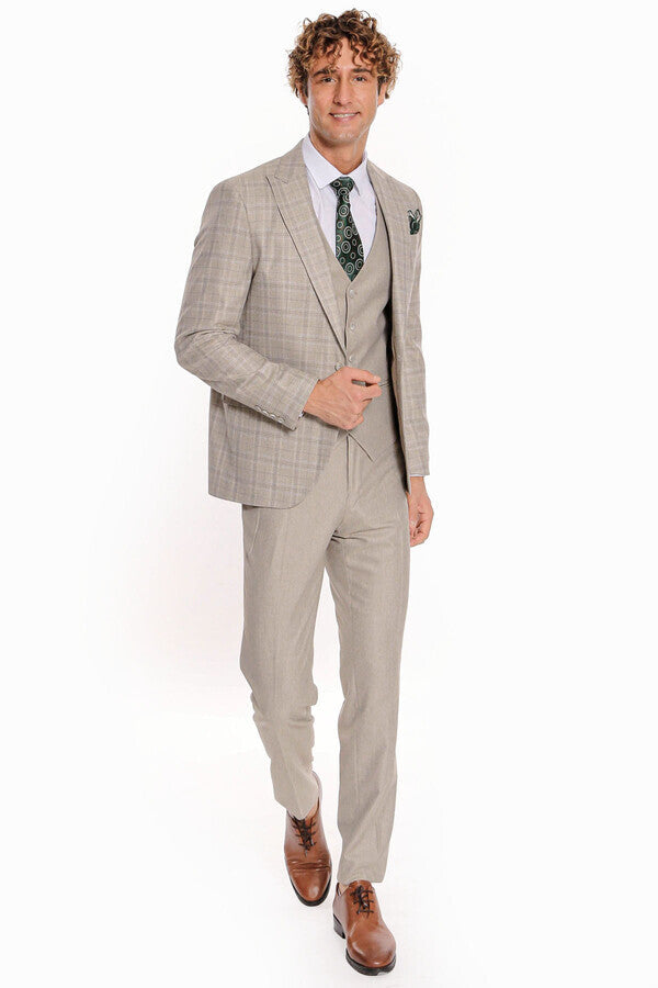 WSS Checked Slim Fit Cream Men Suit  - North Lauderdale