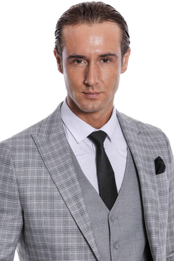 WSS Checked Slim Fit Light Grey Men Suit  - Évosmos
