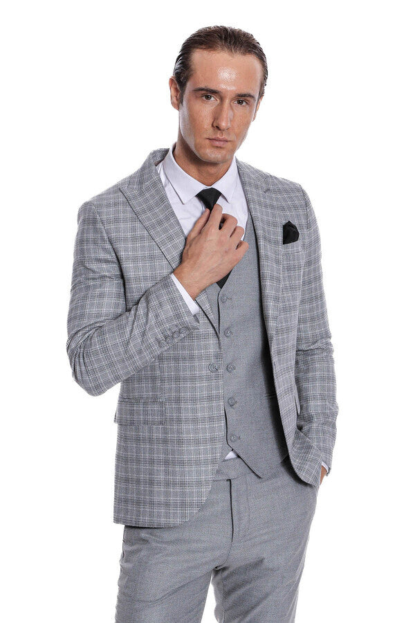 WSS Checked Slim Fit Light Grey Men Suit  - Évosmos