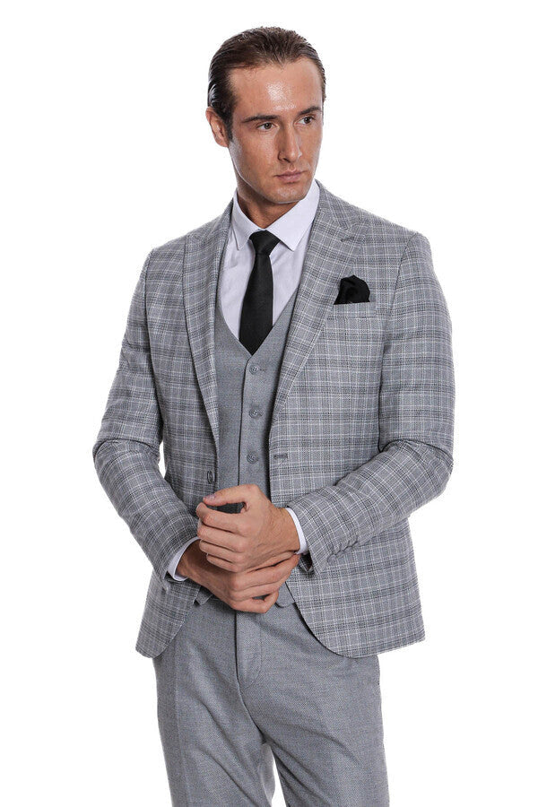 WSS Checked Slim Fit Light Grey Men Suit  - Évosmos