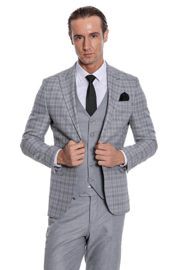 WSS Checked Slim Fit Light Grey Men Suit  - Évosmos