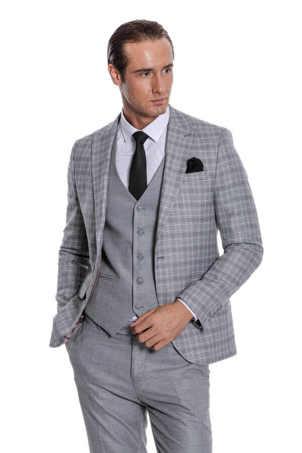 WSS Checked Slim Fit Light Grey Men Suit  - Évosmos