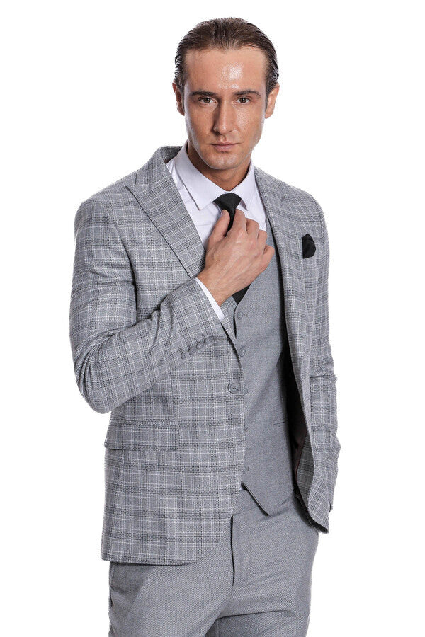 WSS Checked Slim Fit Light Grey Men Suit  - Évosmos
