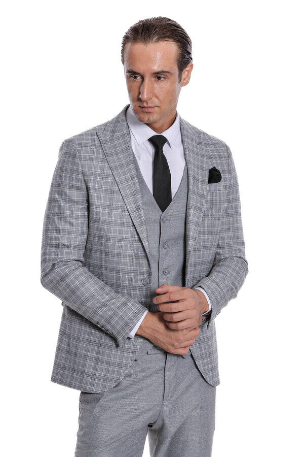 WSS Checked Slim Fit Light Grey Men Suit  - Évosmos