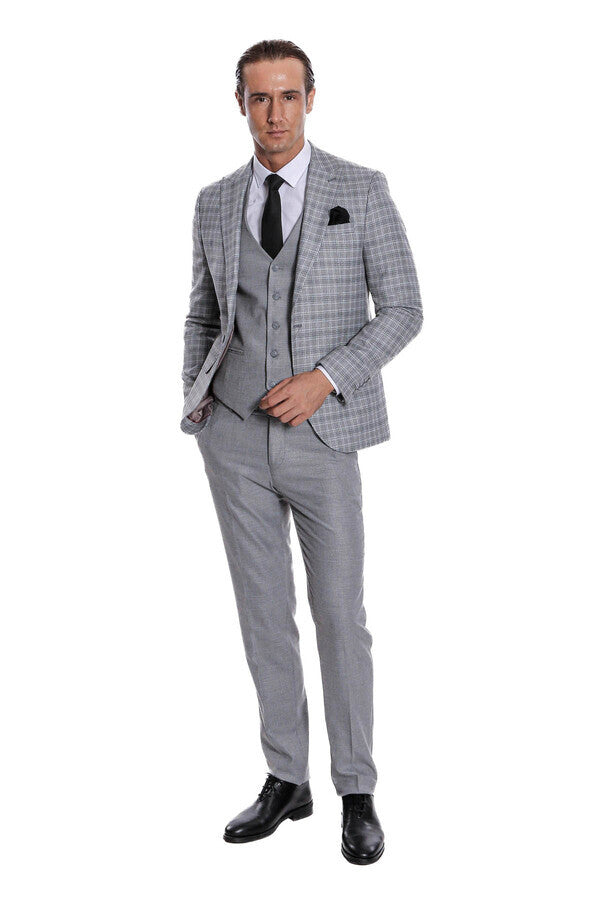 WSS Checked Slim Fit Light Grey Men Suit  - Évosmos