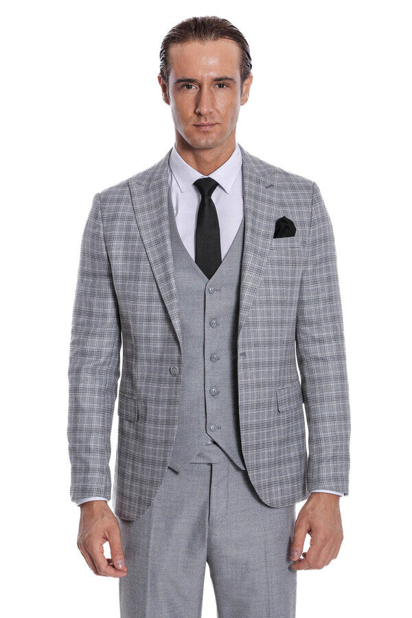 WSS Checked Slim Fit Light Grey Men Suit  - Évosmos