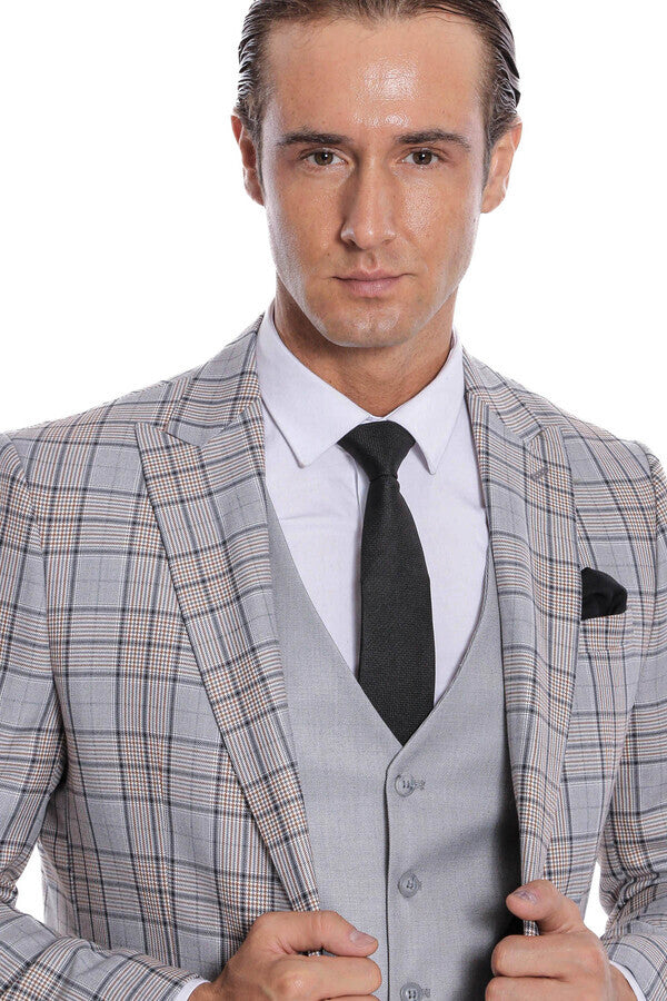 WSS Checked Slim Fit Light Grey Men Suit  - Apan