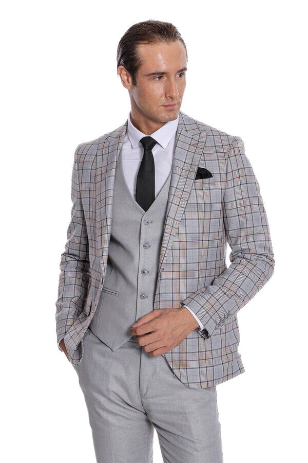 WSS Checked Slim Fit Light Grey Men Suit  - Apan