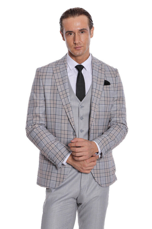 WSS Checked Slim Fit Light Grey Men Suit  - Apan