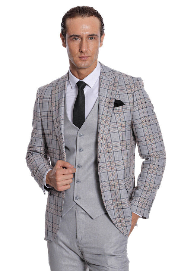 WSS Checked Slim Fit Light Grey Men Suit  - Apan