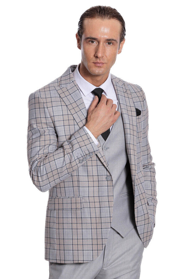 WSS Checked Slim Fit Light Grey Men Suit  - Apan