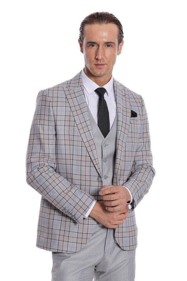 WSS Checked Slim Fit Light Grey Men Suit  - Apan