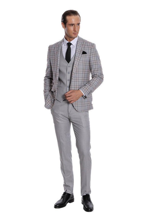 WSS Checked Slim Fit Light Grey Men Suit  - Apan