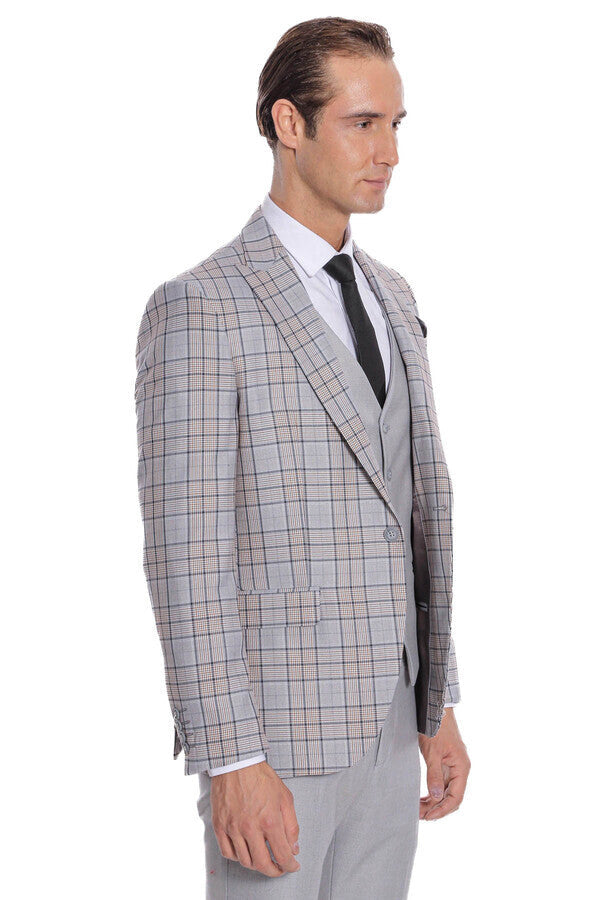 WSS Checked Slim Fit Light Grey Men Suit  - Apan
