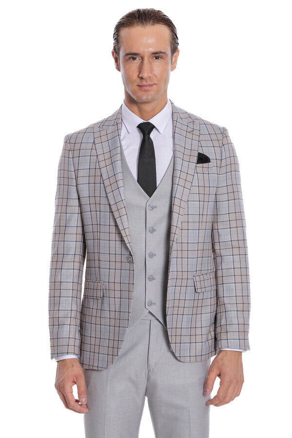 WSS Checked Slim Fit Light Grey Men Suit  - Apan
