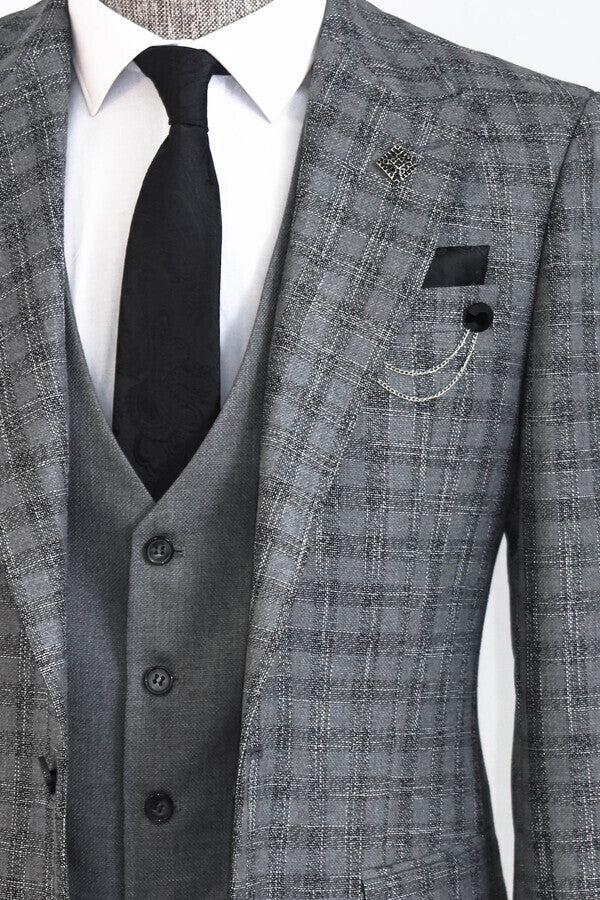WSS Checked Vested Grey Men Suit  - Charlottetown