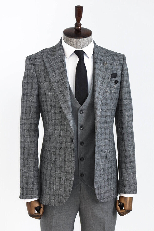 WSS Checked Vested Grey Men Suit  - Charlottetown
