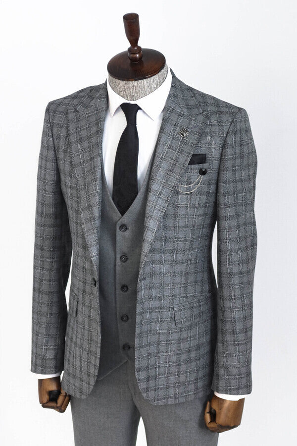 WSS Checked Vested Grey Men Suit  - Charlottetown