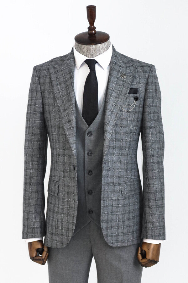 WSS Checked Vested Grey Men Suit  - Charlottetown
