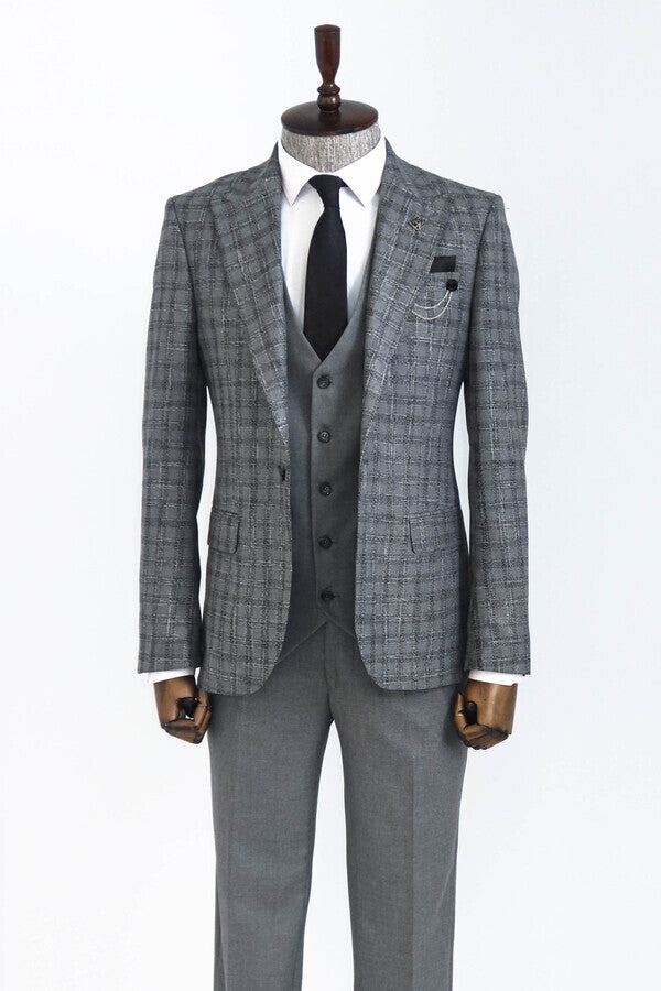 WSS Checked Vested Grey Men Suit  - Charlottetown