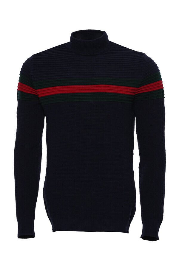 WSS Chest Patterned Turtleneck Navy Blue Men Knitwear  - Daytona Beach