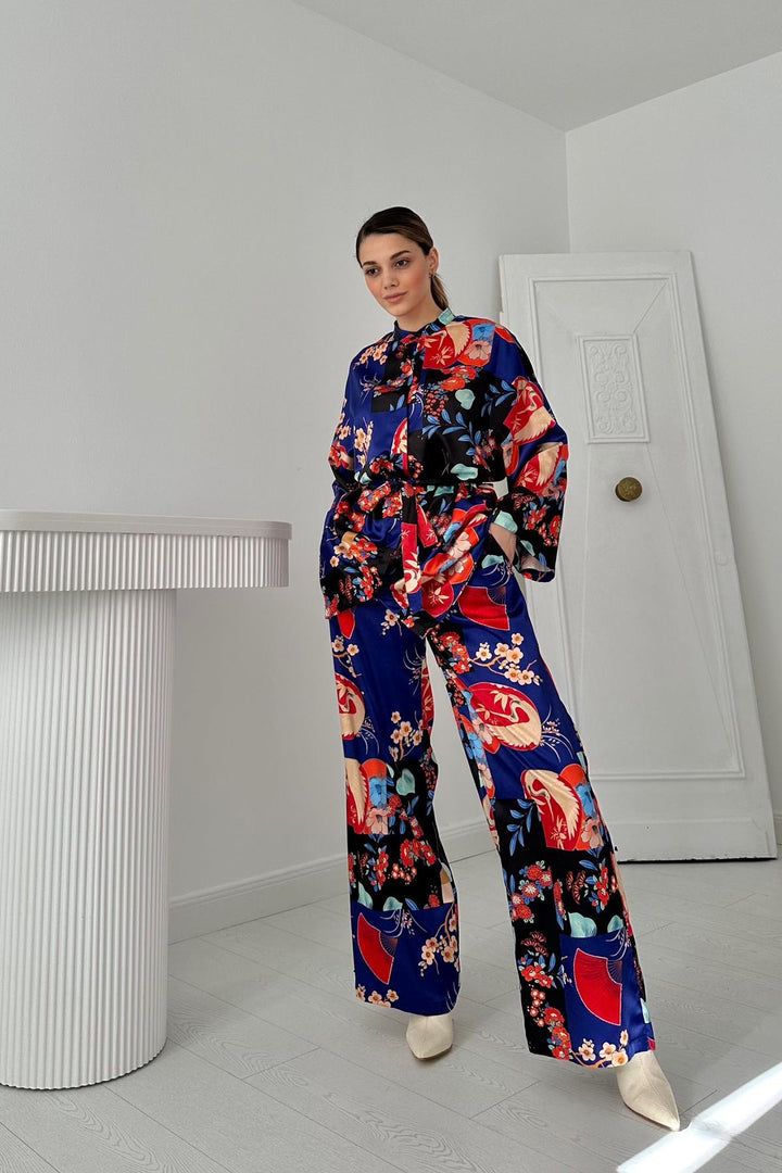 ELS Floral Patterned Blouse & Pants Set - Blue - Clondalkin