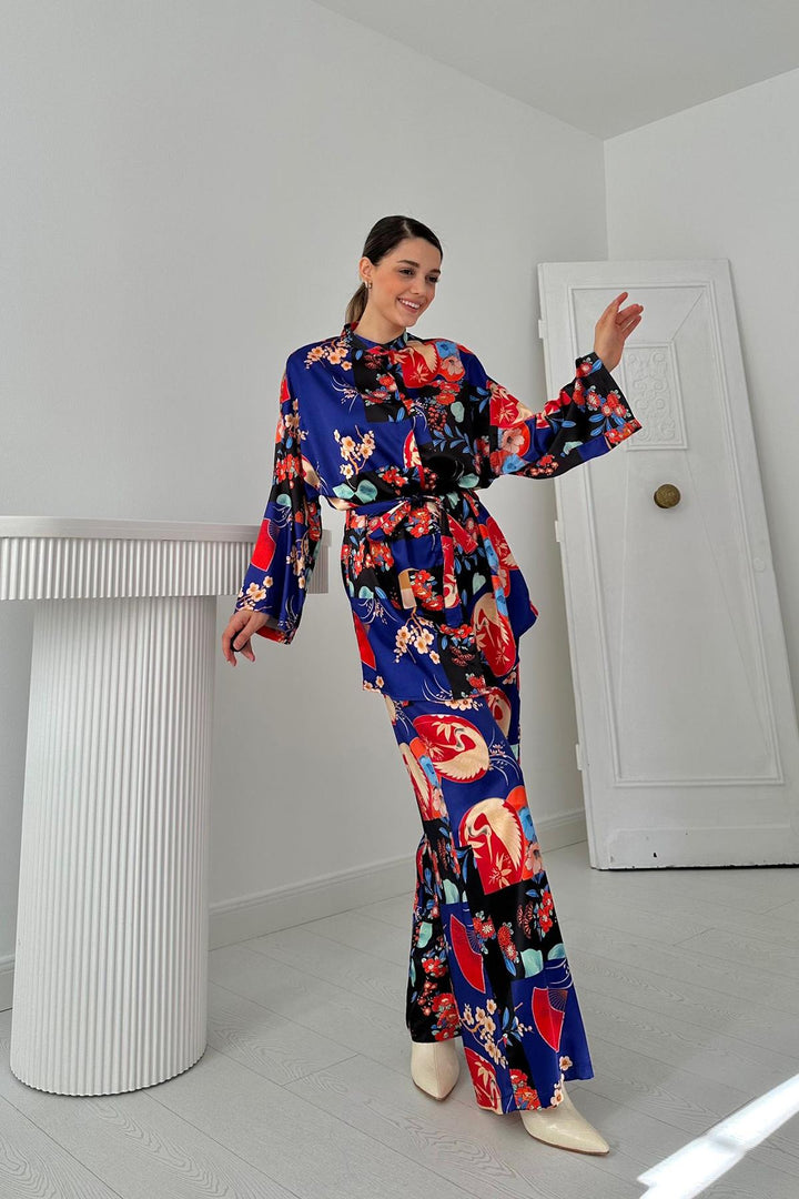 ELS Floral Patterned Blouse & Pants Set - Blue - Clondalkin