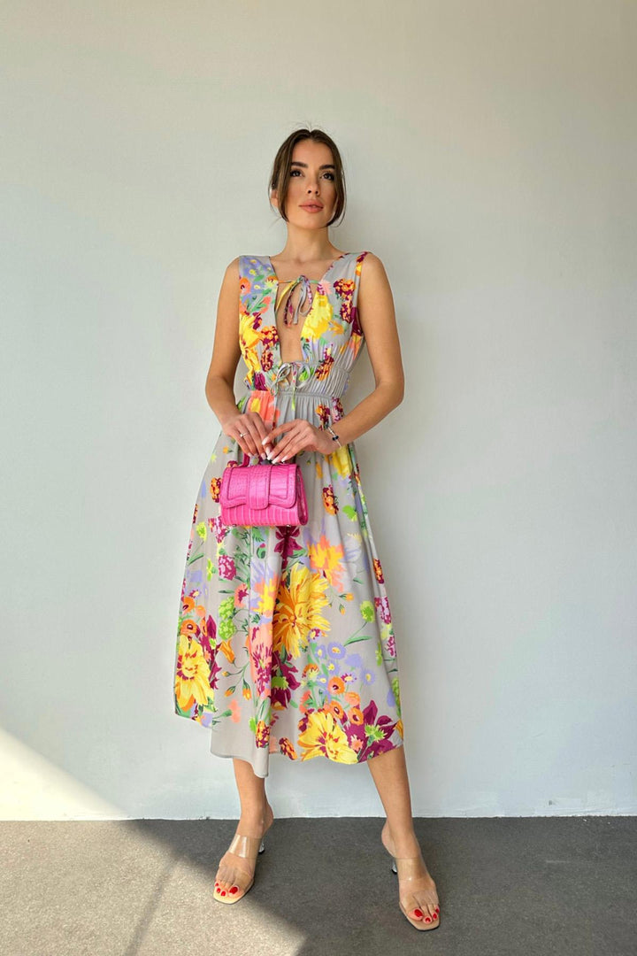 ELS Floral Patterned Summer Dress - Gray - Manitowoc