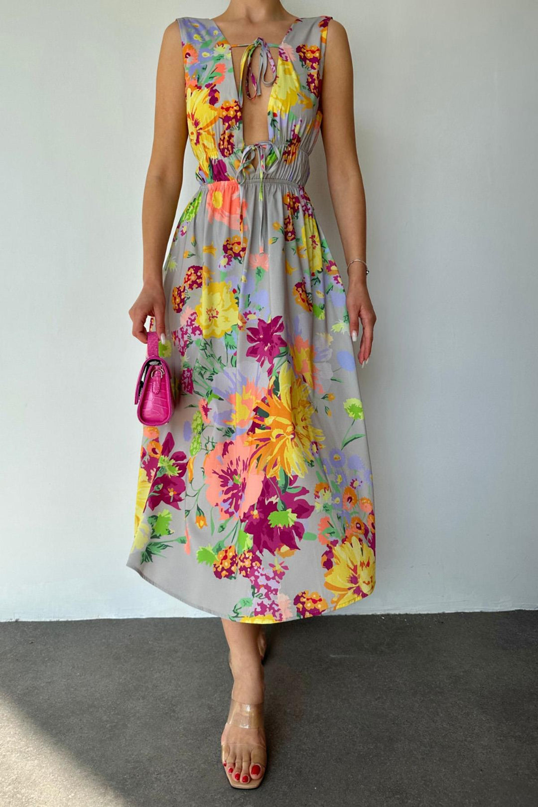 ELS Floral Patterned Summer Dress - Gray - Manitowoc