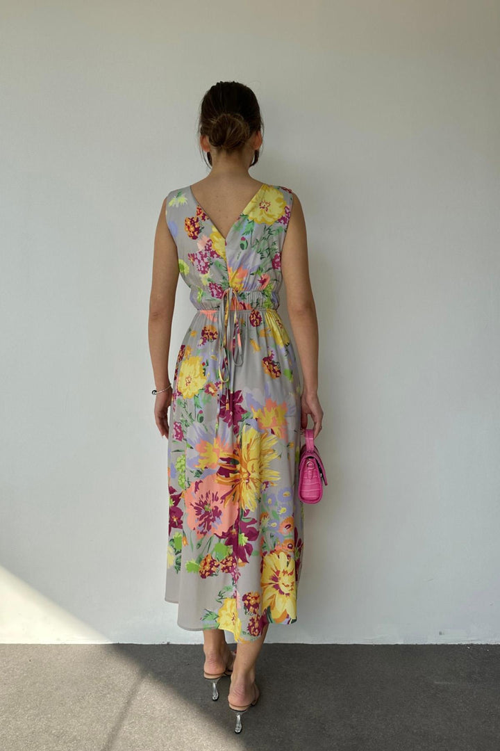 ELS Floral Patterned Summer Dress - Gray - Manitowoc