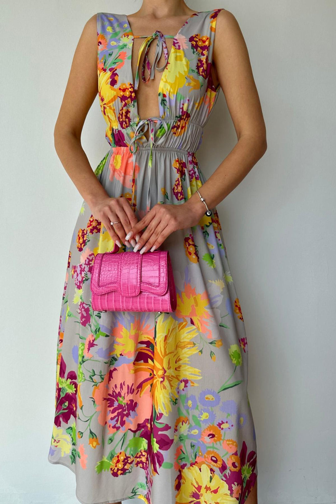 ELS Floral Patterned Summer Dress - Gray - Manitowoc
