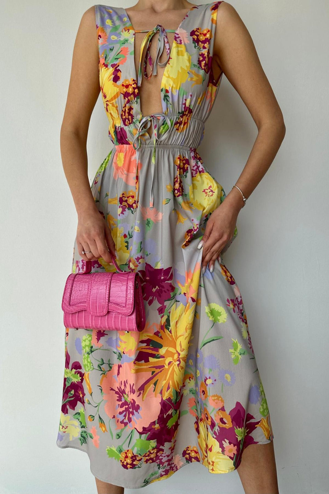 ELS Floral Patterned Summer Dress - Gray - Manitowoc