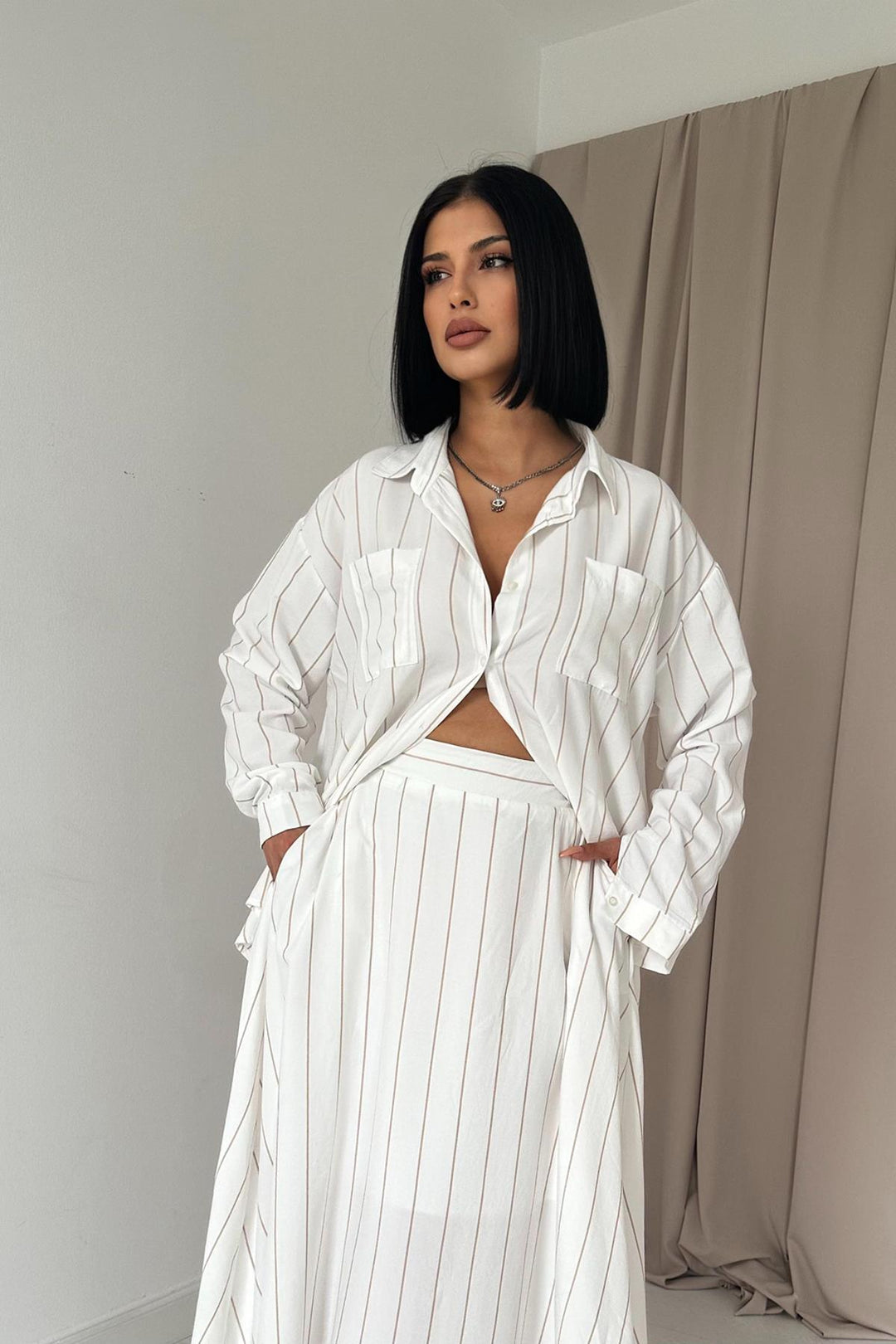 ELS Striped Shirt and Skirt Set - Brown - Plauen